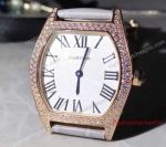Knockoff Cartier Tortue White Face Diamond Bezel Grey Leather Band 24mm Watch